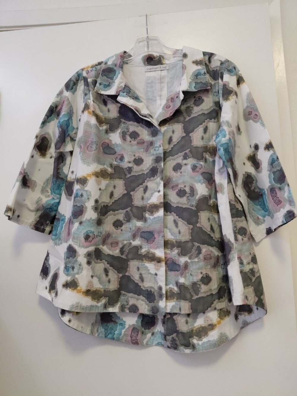 Snapdragon & Twig Women's Button Front 1/2 Sleeve Top Small Oversized Gray Blue